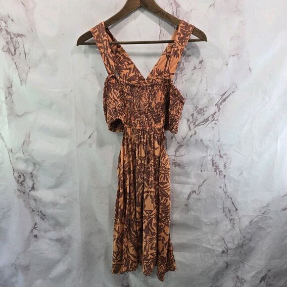 Anthropologie Dress Womens Medium Linen Piper Criss Cross Smocked Cut Out Orange - Picture 1 of 12